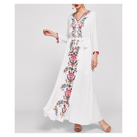 MBM Unlimited Dresses & Skirts - White Long Sleeve Pom Pom Trim Floral Maxi Dress